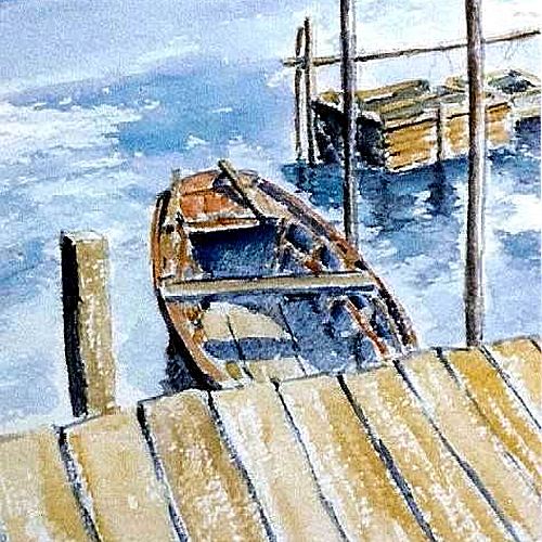 Molo con barca in valle - cm.19x26 - 1992